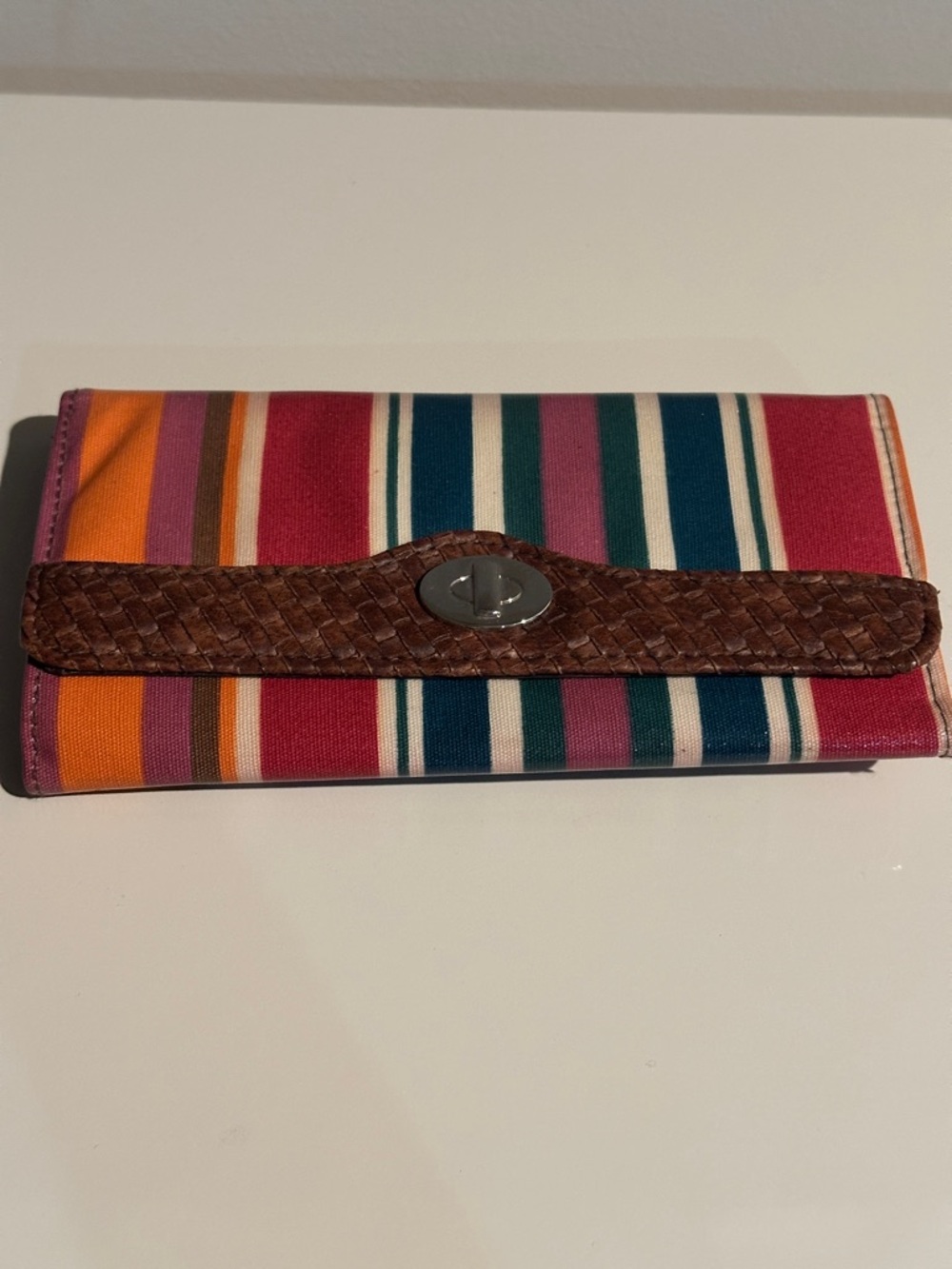 Striped Multicolor Women's Wallet with Braided Brown Trim